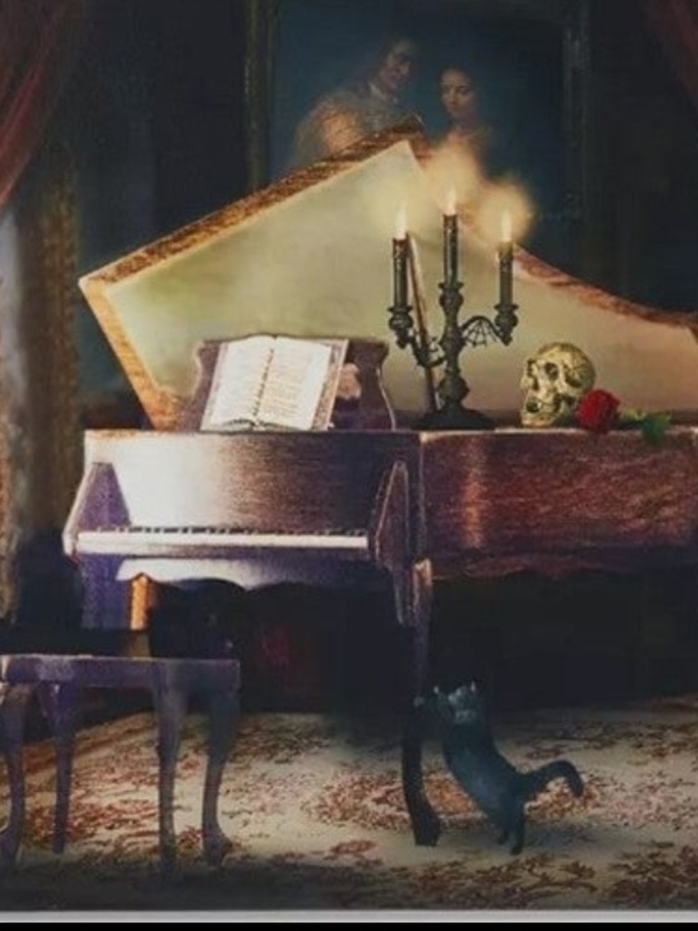 Vintage-Style Halloween Purple Grand Piano Wall Art Print with Candlelight Motif